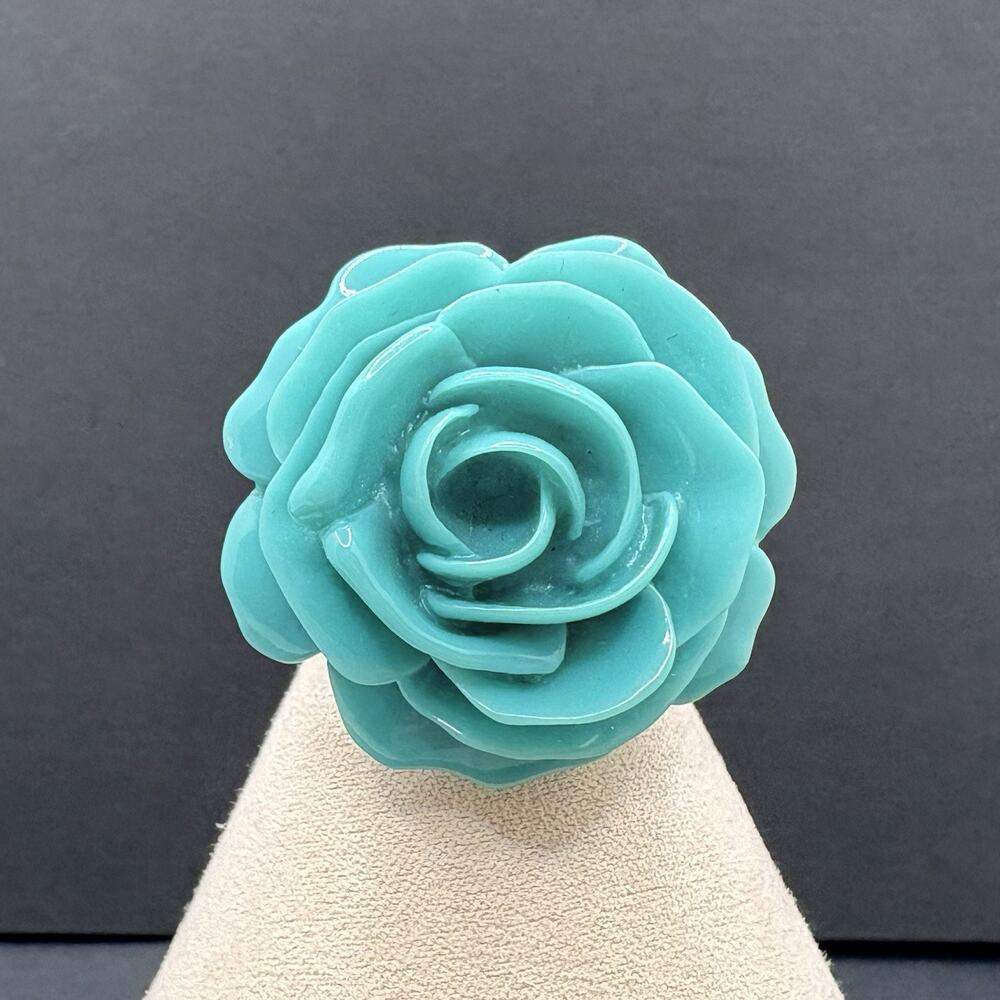Vintage Kenneth Jay Lane KJL Turquoise Rose‎ Flower Lucite Gold Tone Ring Size 6